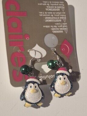 Claire's Glitter Penguin Dangle Earrings with Green Bead